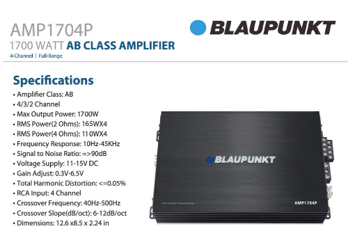 181AMPLIFICADOR BLAUPUNKT AMP1704P 1700W CLASE AB 2, 3 Y 4 CANALES