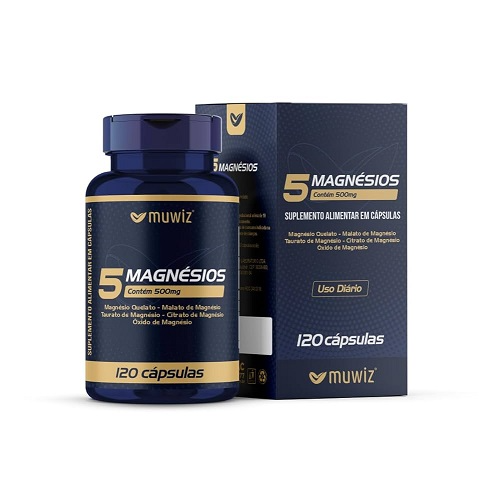 5 Magnésios 500mg 120 Cápsulas - Quelato Malato Taurato Citrato e Óxido de Magnésio