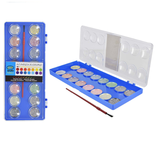 ACUARELA C/GLITTER EN ESTUCHE CON PINCEL X 16UDS 19076