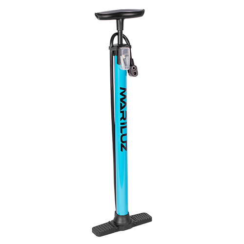 Bomba de pie para inflar grande (480mm) con valvula francesa y americana azul