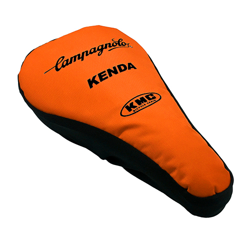 Cubre asiento para bicicleta de likra con vinil acojinado naranja fosforescente