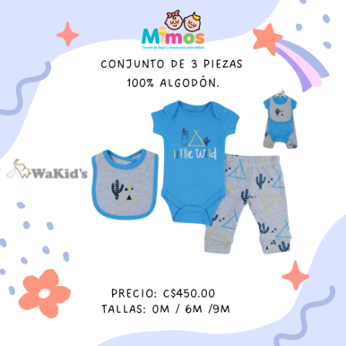 Conjunto de algodón 3 piezas azul con gris Wakids