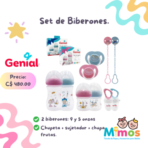 Set de Biberones con chupeta y chupa frutas Genial