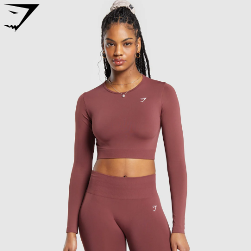 Everyday Seamless Long Sleeve Crop Top - Burgundy Brown(M)