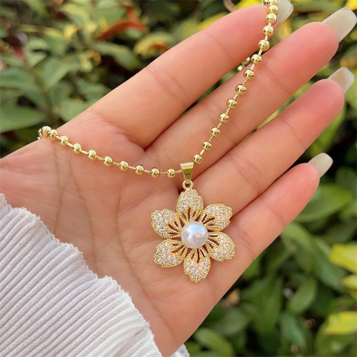 Collar Flor con Perla y Circoneas - Dorado - COL098