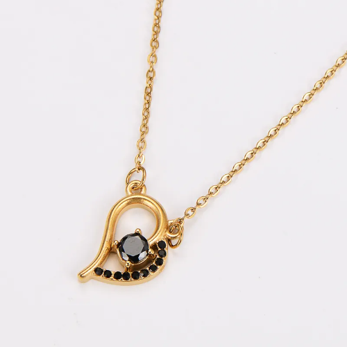 Collar de Corazón Diamantes Negros - Dorado - COL094