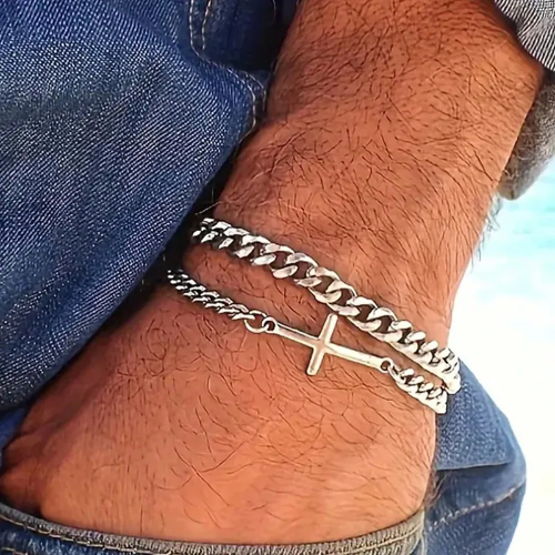 Pulsera Cruz de acero de doble capa para hombre - Plateado - PUL064