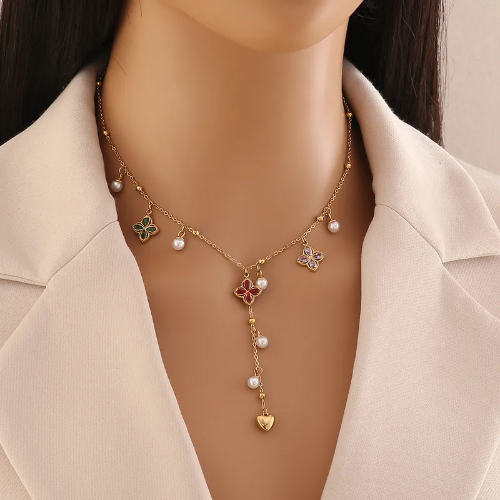 Collar Estilo Van Cleef Colgante con Perlas - Dorado - COL100