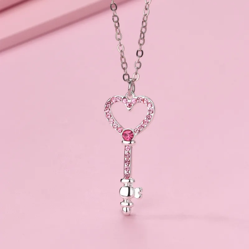 Collar Llave de mi Corazón Rosa - Plateado - COL187