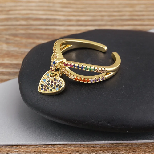 Anillo de Corazón Con Circonias Multicolor - Dorado - ANI070