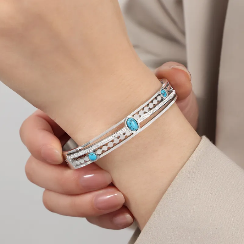 Brazalete de Piedra Azul Turqueza - Plateado - BRA082