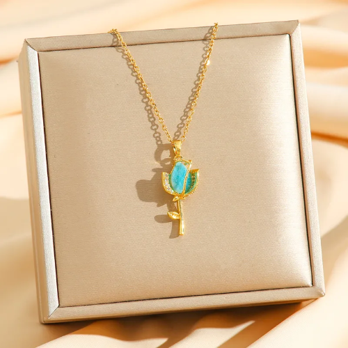 Collar Tulipan Azul - Dorado - COL193