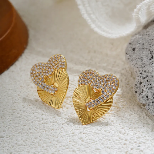 Arete Doble Corazón con Circoneas Blancas - Dorado - ART128