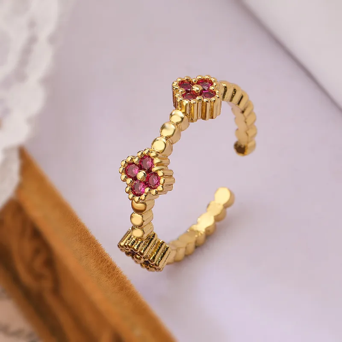 Estilo Van Cleef Circonia Roja Anillo Ajustable - Dorado - ANI061
