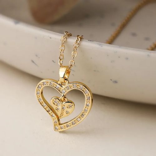 Collar Corazón con Circoneas Blancas - Dorado - COL164
