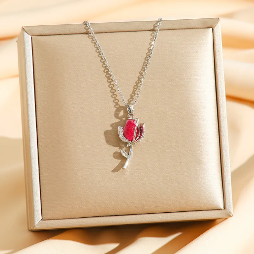 Collar Tulipan Rojo - Plateado - COL195
