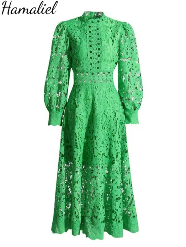 Vestido midi manga larga tejido de encaje 2 colores verde y morado MLXL