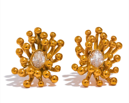 Pendiente dorado boton con destellos y zirconia