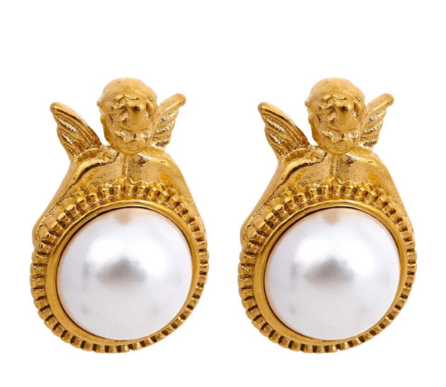 Pendiente de angel con perla redonda dorado y plateado
