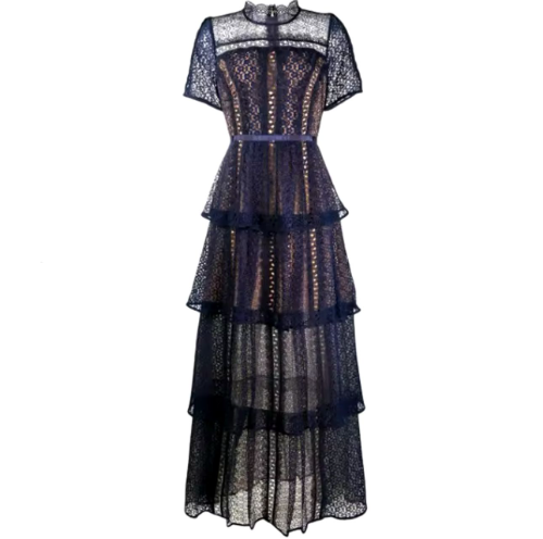 Vestido de gala azul maxi con flecos forro beige ML