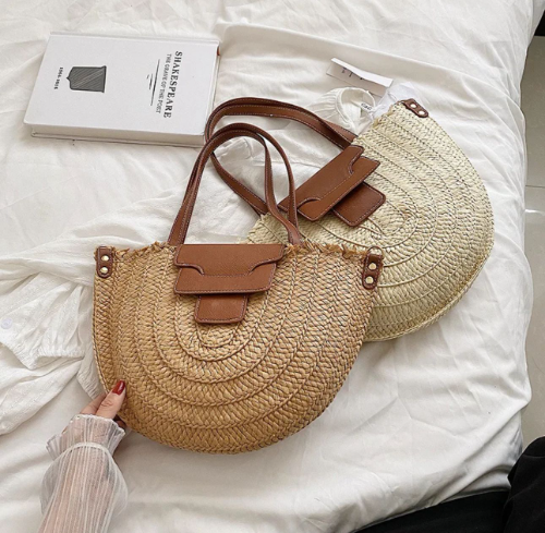 Bolso de playa de rattan con cuero bege y café