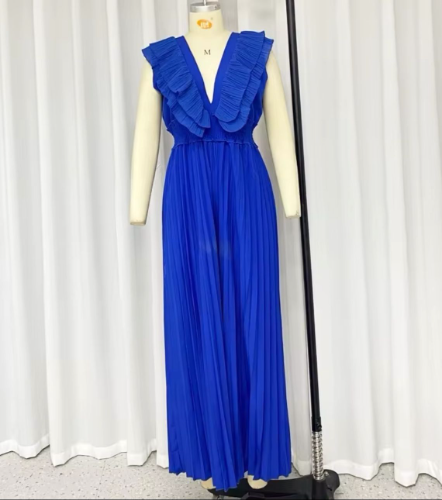 Jumpsuit pierna ancha Azul rey plizado con flecos SML