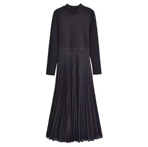 Vestido midi negro manga larga plizado ZBZA