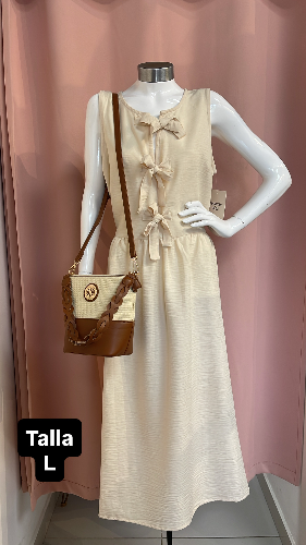 Vestido beige detalles de chongo HARLOW & ROSE talla L