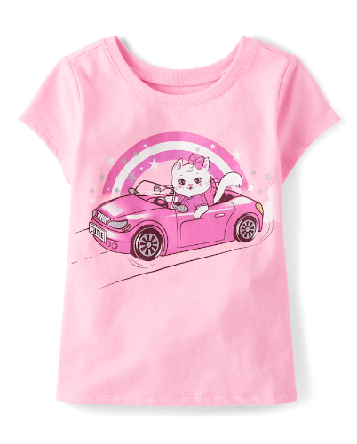 Franela de niña rosa con figura gato en carro 4T