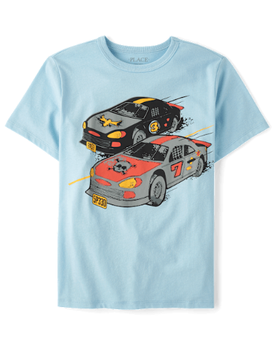 Franela de niño celeste con figura de carros 7-8T