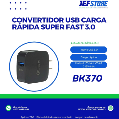 CONVERTIDOR USB CARGA RÁPIDA SUPER FAST 3.0