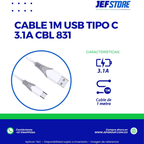 CABLE 1M USB TIPO C 3.1A CBL 831