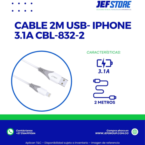 CABLE 2M USB- IPHONE 3.1A CBL-832-2