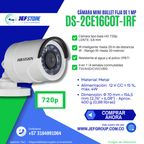 CAMARA TURBO 4 HD TVI/AHD/CVBS/CVI TIPO BALA PLASTICA 720P 2.8MM 20 MTS 24 IR LEDS IP66