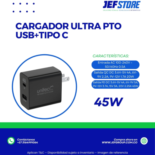 CARGADOR ULTRA PTO USB+TIPO C 45W UNITEC