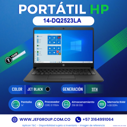 PORTÁTIL HP 14-DQ2523LA - INTEL CORE I3 1115G4 - 4GB DDR4 - 256GB SSD - PANTALLA 14" HD - NO DVD - HDMI - FREEDOS - JET BLACK