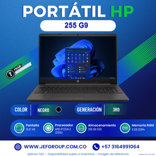 PORTÁTIL HP 255 G9  AMD RYZEN 3 3250U 8GB DDR4 - 256GB SSD - PANTALLA 15,6" HD - NO DVD - HDMI - FREEDOS - NEGRO