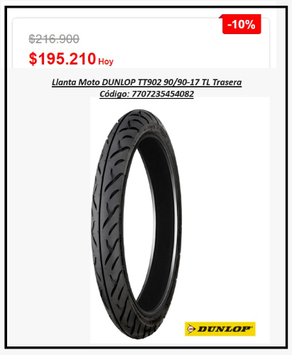 Llanta Moto DUNLOP TT902 90/90-17 TL Trasera