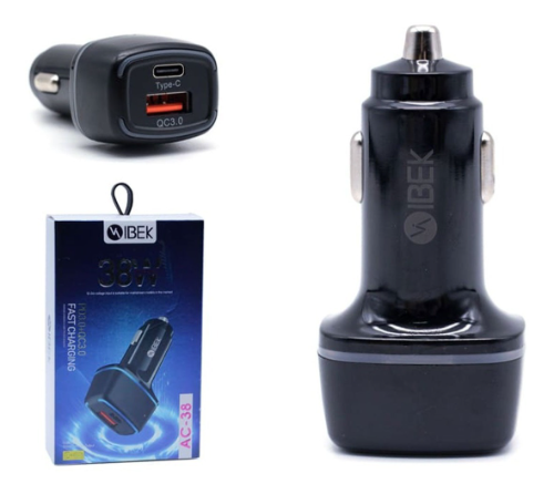 Cargador 12v Cabezal PD 38w  USB y Tipo C