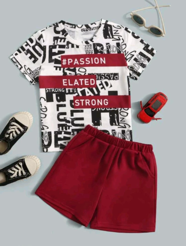 Conjunto de niño camiseta blanca con letras y short rojo talla 7y