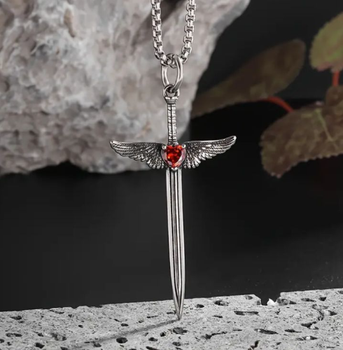 1pc collar con colgante de espada cruz y alas de amor S