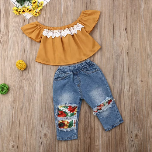CJ PANTALON JEAN FLORES - BLUSA MOSTAZA
