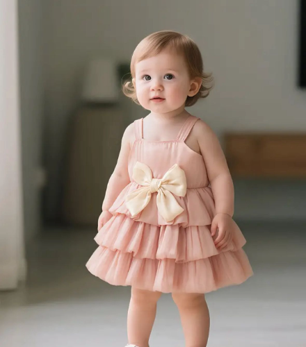 VESTIDO ROSA SATIN MOÑO BEIGE