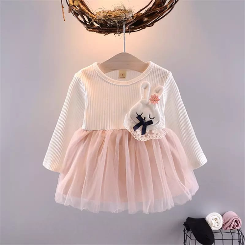 VESTIDO ML BEIGE TULL ROSA  CONEJO