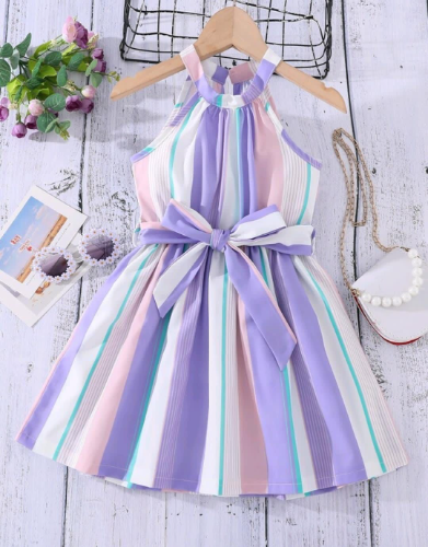 VESTIDO RAYAS TONOS LILAS CON LAZO