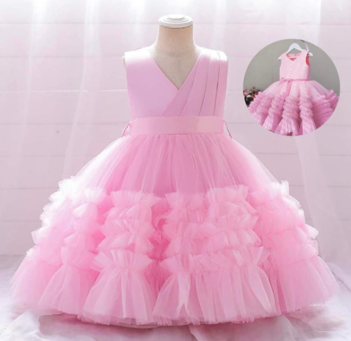 VESTIDO ROSA ELEGANTE POM POM CUELLO V