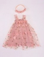 VESTIDO BATA TULL PALO ROSA FLORES BORDADO CINTILLO