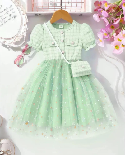 VESTIDO MENTA MANGAS GLOBO / BOLSO