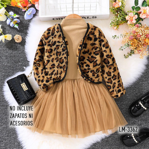 SETX2 VESTIDO TUTU MARRON CLARO CHAQUETA PELUDA ANIMAL PRINT NINA MARRON CLARO/ANIMAL PRINT