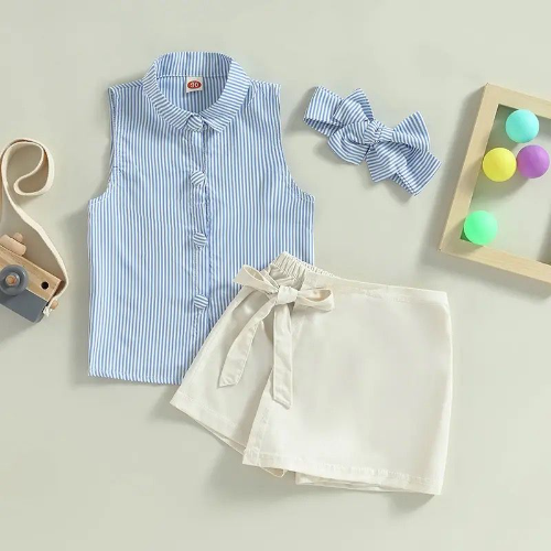 CJ FALDA SHORT BEIGE BLUSA AZUL RAYAS